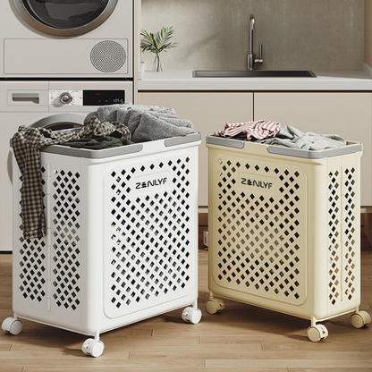 Zenlyf Foldable Laundry Basket Plastic with Wheels | Multipurpose Collapsible Clothing Basket for Storage | Laundry Organiser for Clothes, Bathroom & Toys (White)