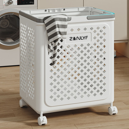 Zenlyf Foldable Laundry Basket Plastic with Wheels | Multipurpose Collapsible Clothing Basket for Storage | Laundry Organiser for Clothes, Bathroom & Toys (White)