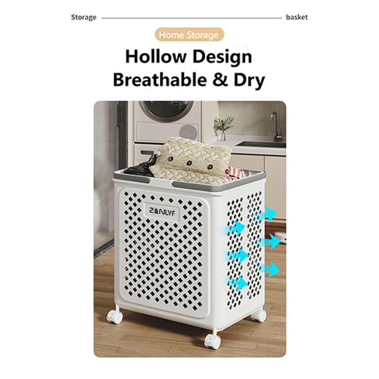 Zenlyf Foldable Laundry Basket Plastic with Wheels | Multipurpose Collapsible Clothing Basket for Storage | Laundry Organiser for Clothes, Bathroom & Toys (White)