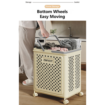 Zenlyf Foldable Laundry Basket Plastic with Wheels | Multipurpose Collapsible Clothing Basket for Storage | Laundry Organiser for Clothes, Bathroom & Toys (White)