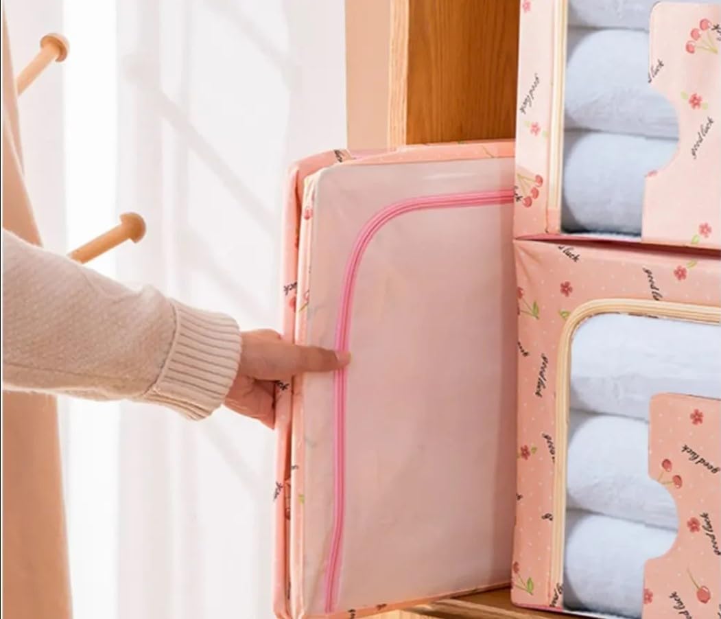 Zenlyf Foldable Underbed Storage Box with Clear Window, Sleek and modern container for clothes, Blankets, Saree and Other stationery (Pink)