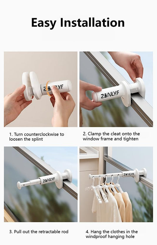 Zenlyf Adjustable Clothes Hanging Rack for Drying, Drying Clothes Rack for Window, Balcony, Wardrobe, Bathroom Telescopic Rod with Double Clamp Foldable, Easy Installation & Space Saving Design