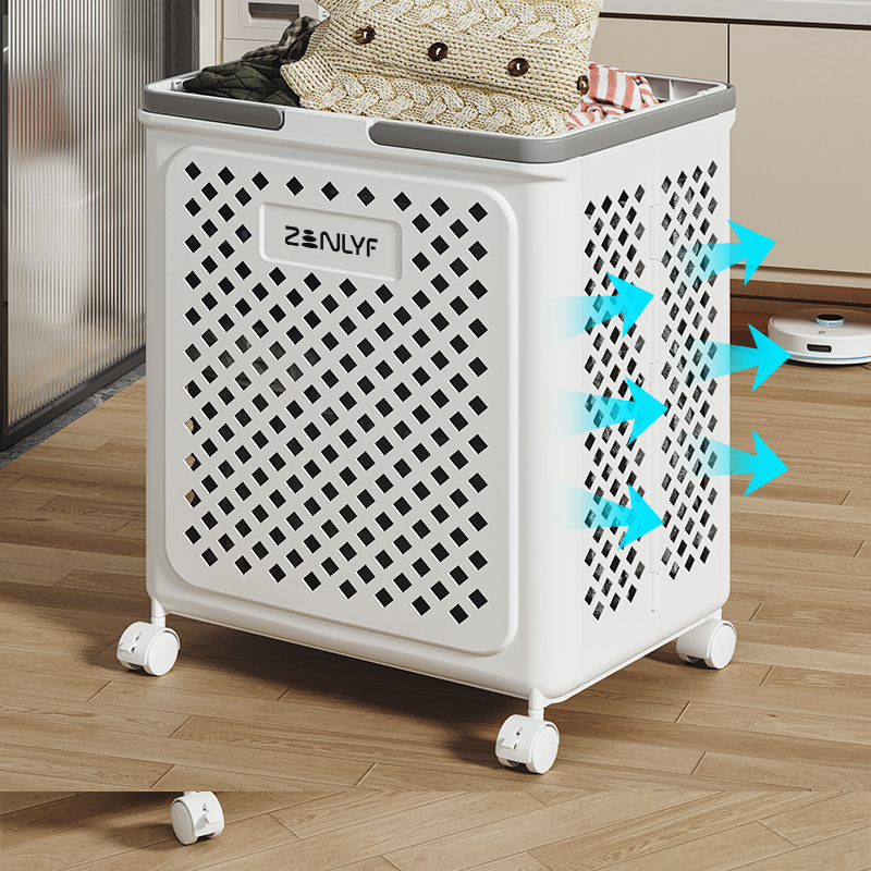 Zenlyf Foldable Laundry Basket Plastic with Wheels | Multipurpose Collapsible Clothing Basket for Storage | Laundry Organiser for Clothes, Bathroom & Toys (White)