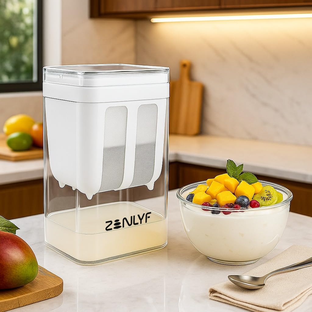 Zenlyf Yogurt Filter Curd Strainer with Lid | Greek Yogurt Maker for Hung Curd, Cream Cheese, Labneh | Reusable Plastic Yogurt Strainer for Homemade Thick Yogurt & Healthy Cooking