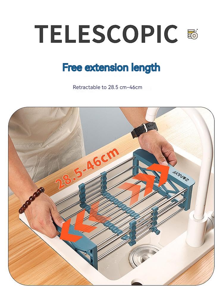 Zenlyf Expandable Dish Drying Rack for Kitchen Sink – Multipurpose Sink Basket Strainer Tray for Cleaning Vegetables, Fruits, Cutlery – Adjustable Stainless Steel Over Sink Drainer Organizer