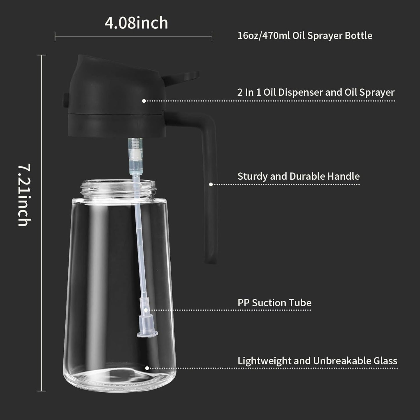 Zenlyf 2 in 1 Glass Oil Dispenser 500ml - Kitchen Accessories Items for Home, Oil Sprayer Bottle for Cooking, Unique, Durable and Elegant Design for Easy Use (Black)