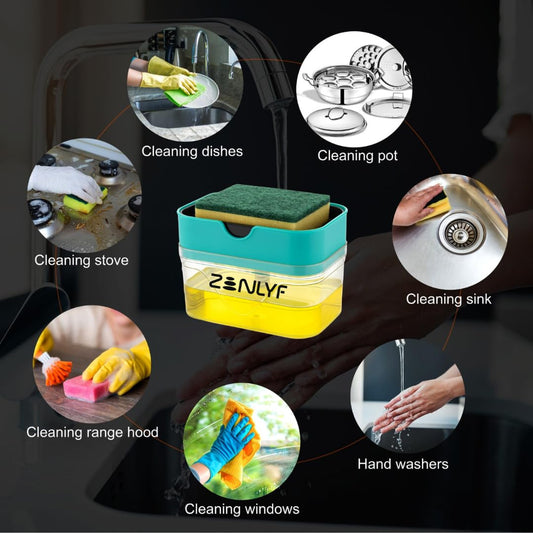 Zenlyf 2 in 1 Soap Dispenser for Kitchen Sink with Sponge Holder - Efficient Dish Wash Dispenser and Kitchen Soap Dispenser for Easy Dishwashing