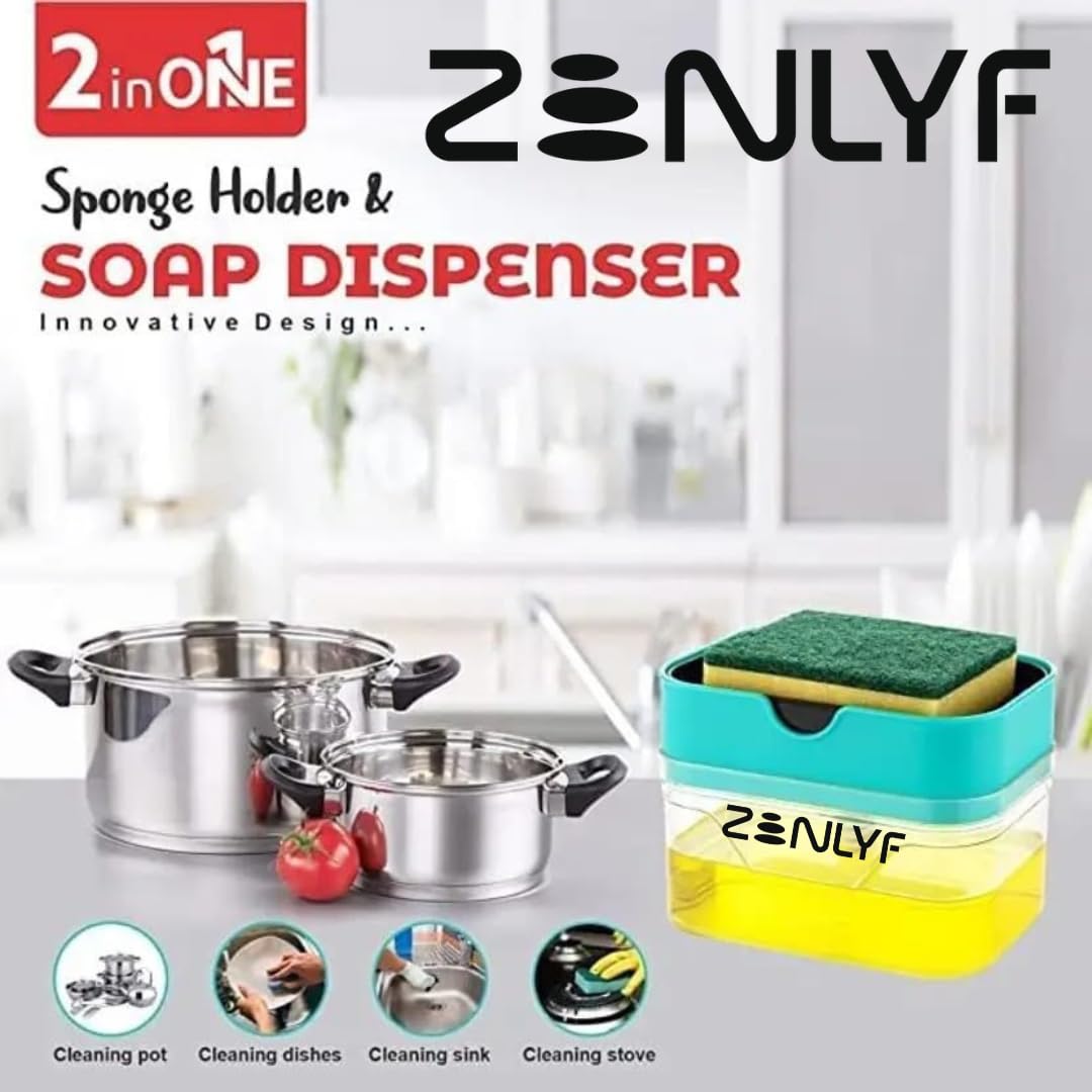 Zenlyf 2 in 1 Soap Dispenser for Kitchen Sink with Sponge Holder - Efficient Dish Wash Dispenser and Kitchen Soap Dispenser for Easy Dishwashing