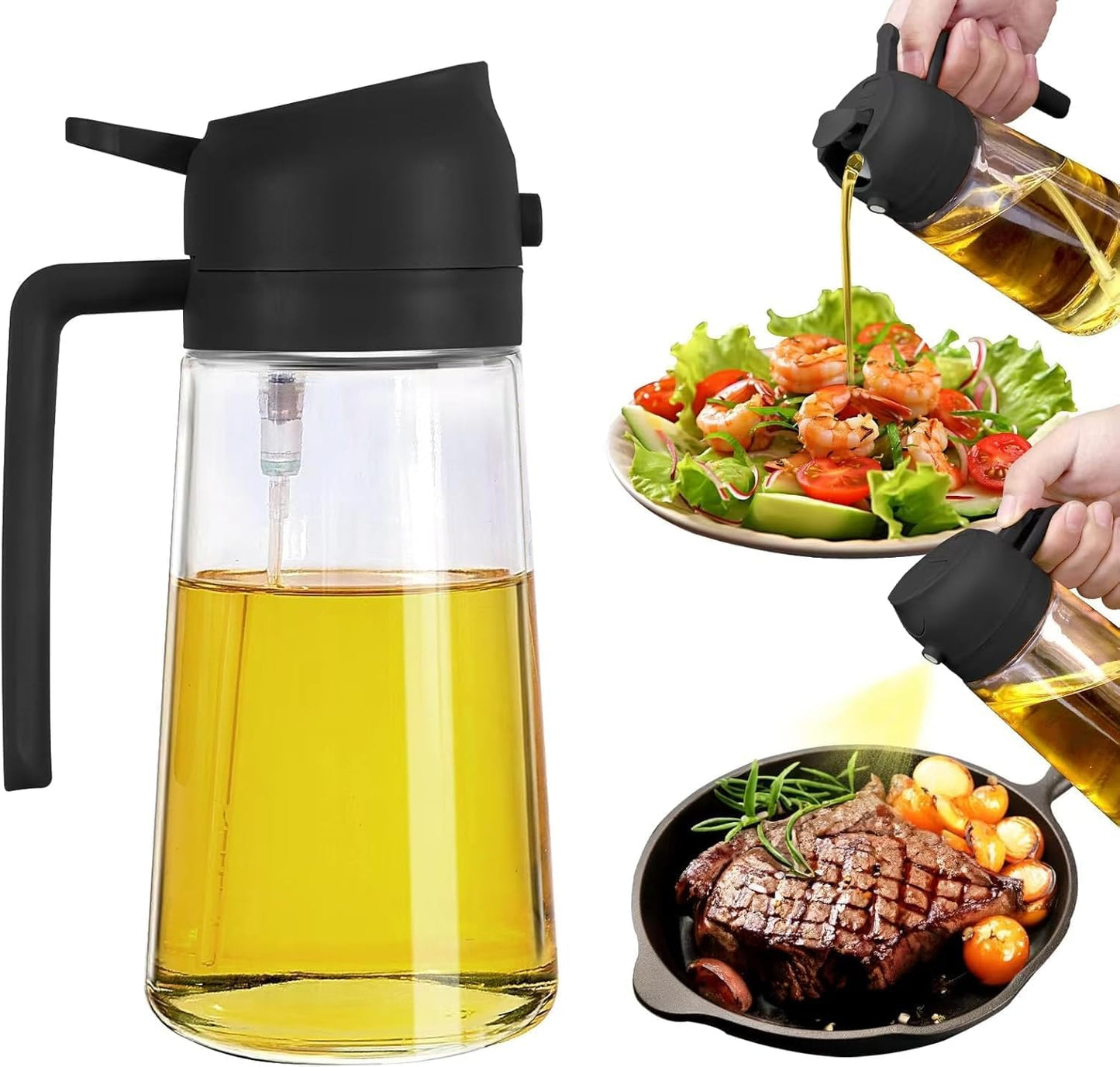 Zenlyf 2 in 1 Glass Oil Dispenser 500ml - Kitchen Accessories Items for Home, Oil Sprayer Bottle for Cooking, Unique, Durable and Elegant Design for Easy Use (Black)