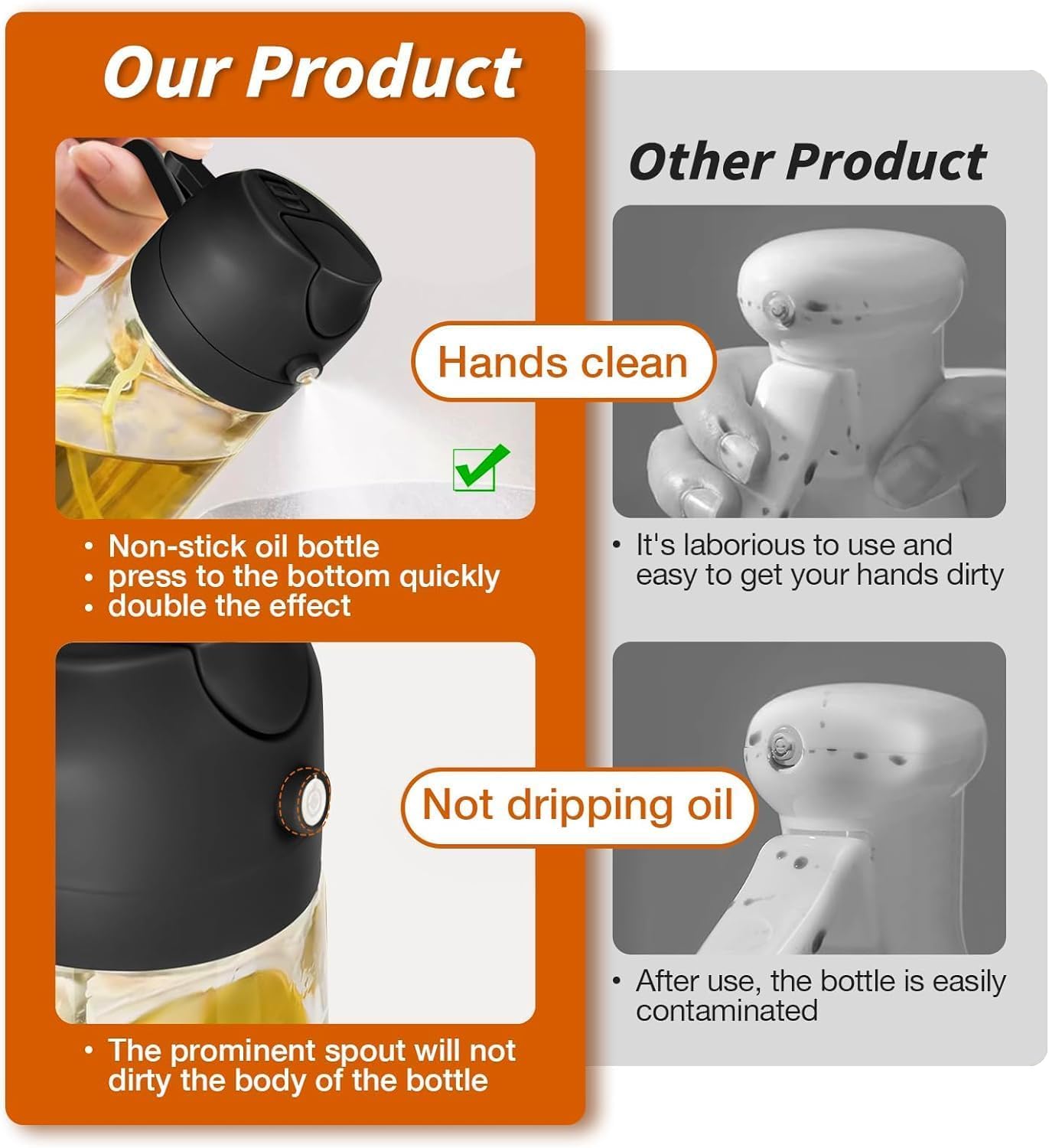 Zenlyf 2 in 1 Glass Oil Dispenser 500ml - Kitchen Accessories Items for Home, Oil Sprayer Bottle for Cooking, Unique, Durable and Elegant Design for Easy Use (Black)