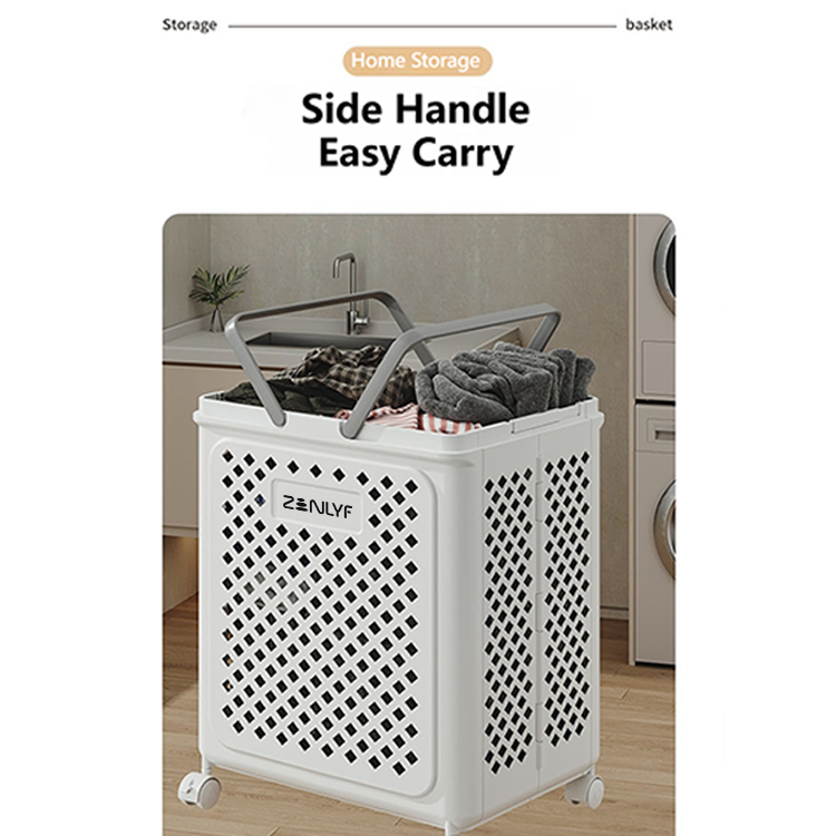 Zenlyf Foldable Laundry Basket Plastic with Wheels | Multipurpose Collapsible Clothing Basket for Storage | Laundry Organiser for Clothes, Bathroom & Toys (White)