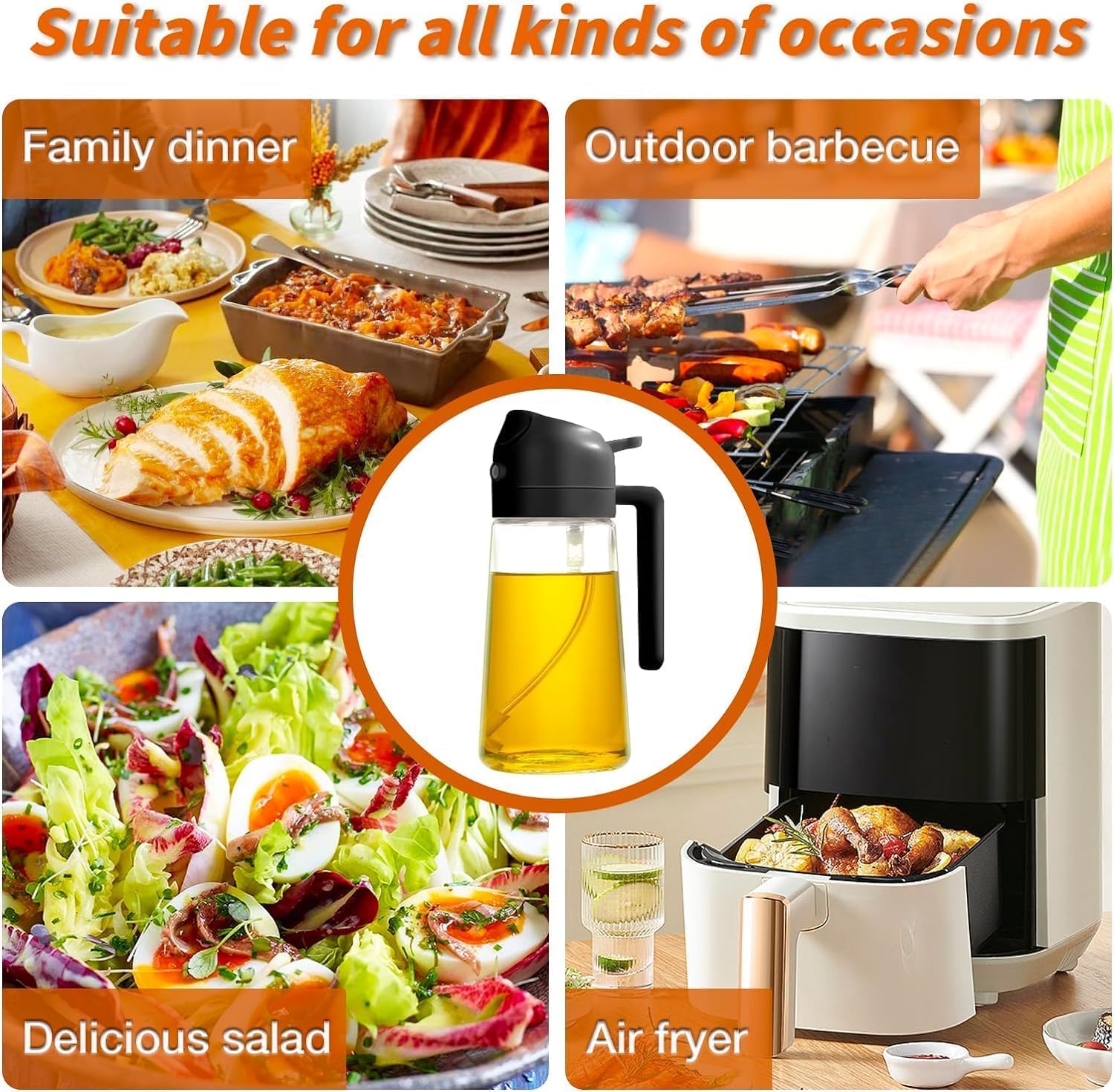 Zenlyf 2 in 1 Glass Oil Dispenser 500ml - Kitchen Accessories Items for Home, Oil Sprayer Bottle for Cooking, Unique, Durable and Elegant Design for Easy Use (Black)