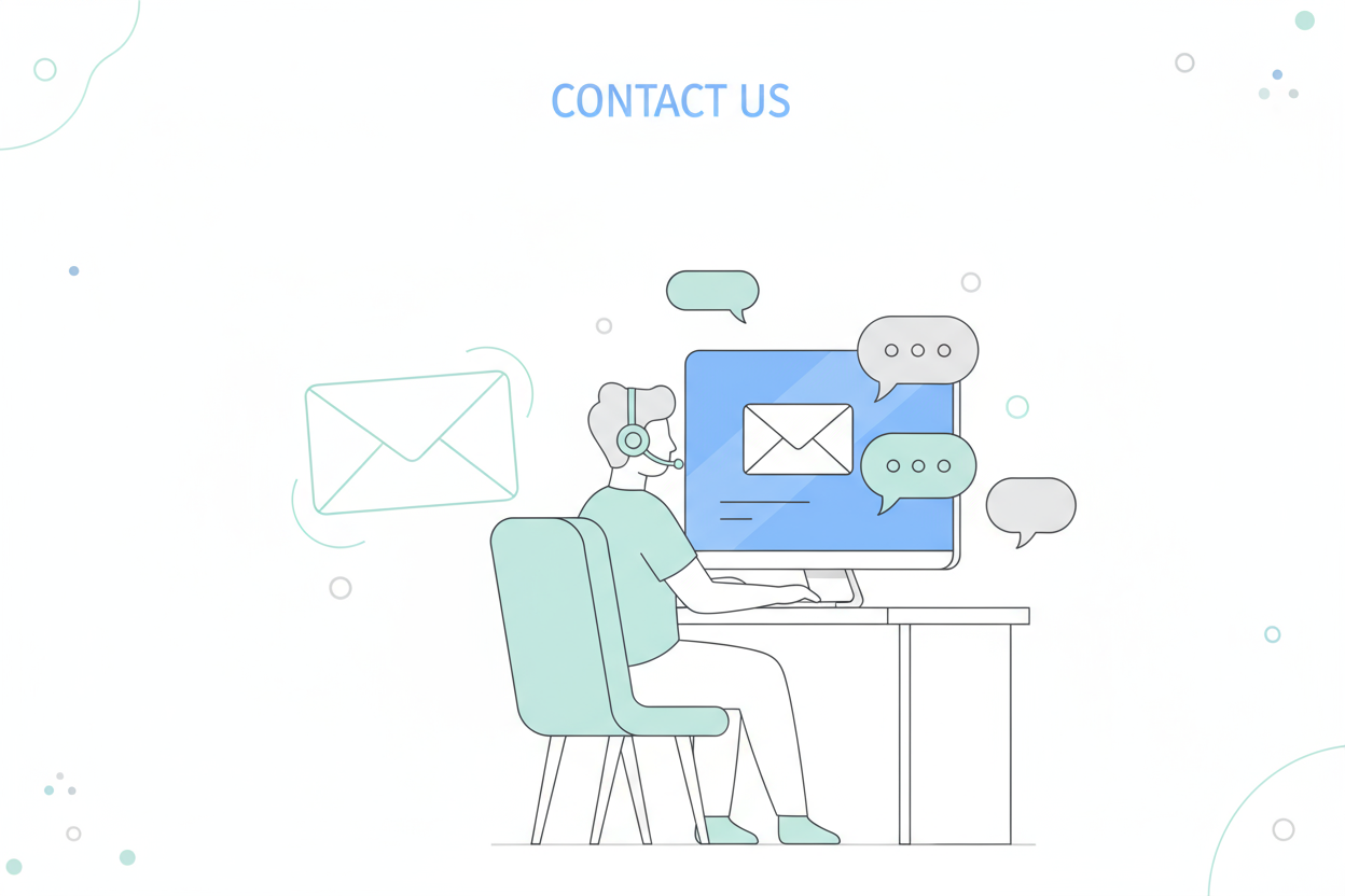 Create a clean minimal banner illustration for a “Contact Us” page. Use soft neutral colors with a white background and light teal or blue accents. Show a simple line-art style illustration of a person communicating through email or chat, with message bubbles and a headset or envelope icon. Keep it modern, friendly, and calming. Flat vector illustration style with smooth lines, no heavy shadows. Should match a home lifestyle brand aesthetic. Add small abstract shapes for balance. Center composition, wide la